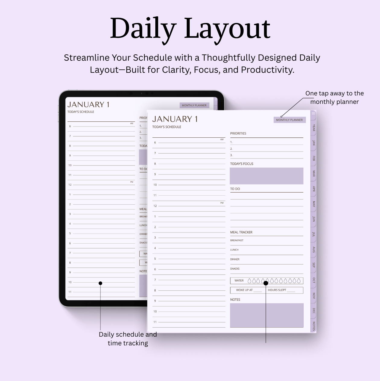 Daily planner with time tracking features on a light purple background